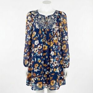 As U Wish Navy Blue Floral Peasant Dress Embroidered Tassel Tie Boho Small